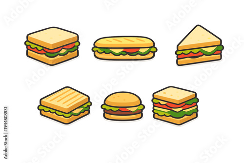 Six various cartoon sandwiches and a burger are displayed on a solid black background. The set features a sub, a triangle sandwich, a grilled panini, and a multi-layered club sandwich.
