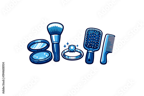 A set of beauty and grooming icons in a blue monochromatic sticker