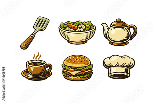A collection of vintage style food and kitchen icons featuring a