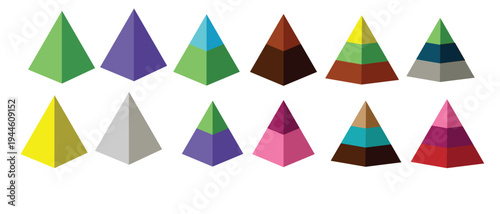 3D pyramid set,Triangle hierarchy data sections group. Vector illustration isolated on white. 3D Triangle Pyramid Diagram Info graphic Template with 4 Step Financial Icons in Minimal Clean white-char.