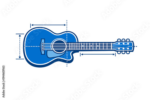 A blue acoustic guitar graphic includes measurement lines and arrows to show dimensions. It features a cutaway body and a minimalist flat design style on a black background.