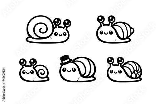 A collection of five cute cartoon snails in black and white style. Each snail features a unique shell design and a smiling face, set against a solid black background for contrast.