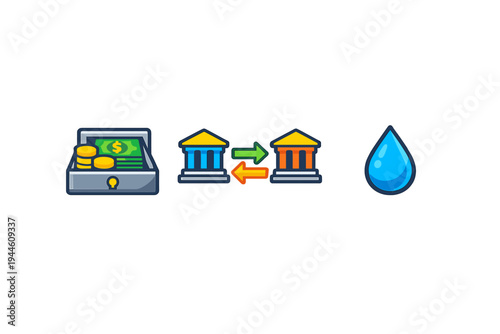 A collection of three flat icons on a black background featuring a cash box with coins and a bill, a bank transfer with arrows, and a single blue water drop.