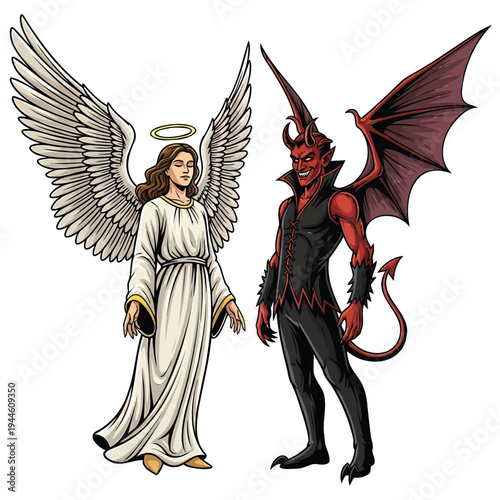 An angel and a devil stand facing each other in a symbolic illustration.