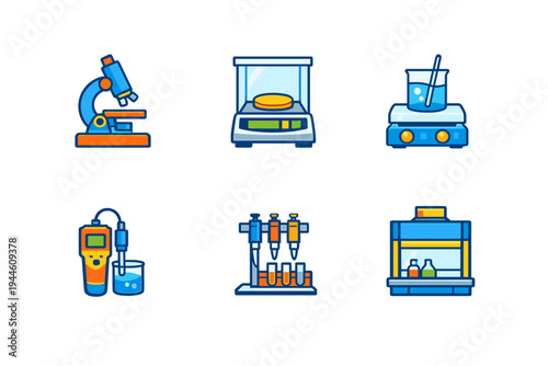 A collection of six laboratory equipment icons including a microscope, analytical balance, hot plate, pH meter, pipettes, and a fume hood, presented in a flat vector style on a black background.