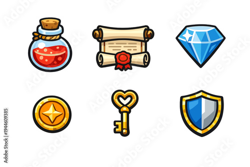 This set features six vibrant fantasy game assets: a red potion bottle, a parchment scroll with a wax seal, a blue gemstone, a gold star coin, a heart key, and a protective shield.