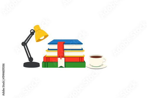 A stack of four colorful books with a red bookmark sits between a yellow desk lamp and a white cup of coffee. This flat illustration represents a cozy study or reading environment.