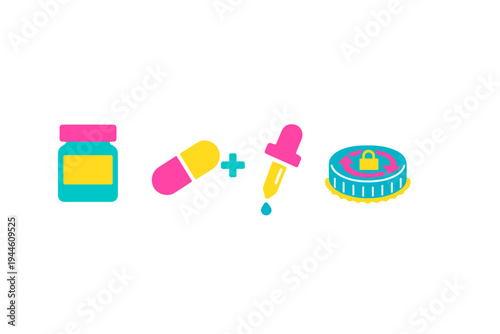 A set of colorful medical icons featuring a medicine bottle, a capsule pill, a liquid dropper, and a child-proof safety cap with a lock symbol, all isolated on a black background.