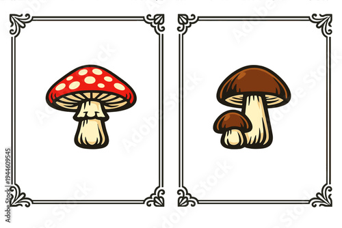 A vintage-style vector illustration featuring two panels with decorative borders. The left panel shows a red spotted mushroom, and the right panel shows two brown mushrooms.