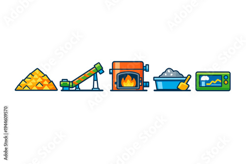 This flat vector illustration depicts a biomass heating system process from fuel storage and conveyor transport to the furnace, ash disposal, and digital control panel.