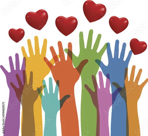 A colorful vector illustration of human hands and arms raised up with palms open, forming a heart symbol to represent charity, volunteer group support, and people joined in love