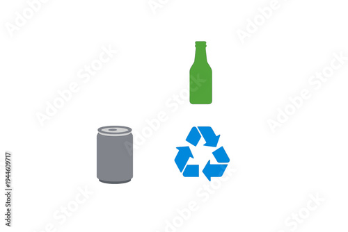 A green glass bottle, a gray aluminum can, and a blue recycling symbol are displayed on a black background. This graphic illustrates concepts of waste management and environmental care.