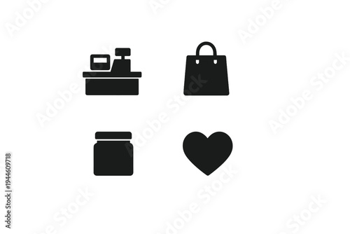A collection of four minimalist black icons featuring a cash register, a shopping bag, a jar with a lid, and a heart shape, all arranged in a grid on a plain white background.