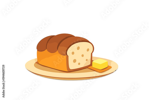A 3D illustration of a sliced loaf of golden brown bread sitting on a plate next to a small square pat of butter, set against a solid black background for a clean look.