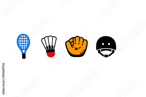 This illustration features a blue tennis racket, a white shuttlecock with a red base, and an orange baseball glove. The sports equipment icons are set against a plain black background.