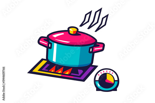 This vibrant illustration features a teal pot with a pink lid on a stove burner with orange flames. A kitchen timer is positioned nearby, and steam rises from the pot on a dark background.