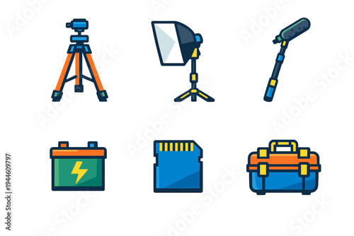 A collection of six flat vector icons representing filmmaking equipment including a tripod, studio light, boom microphone, battery, memory card, and a carrying case on a black background.