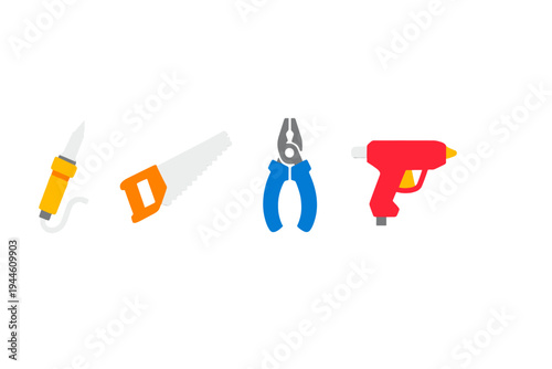 A collection of four colorful hand tools including a soldering iron, a hand saw, a pair of pliers, and a glue gun, all presented as flat illustrations on a solid black background.