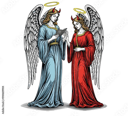 Striking illustration of two winged figures, adorned with both halos and horns, depicting the complex interplay of good, evil, duality, and connection