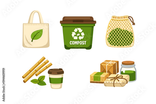 A collection of eco-friendly lifestyle items including a reusable tote bag, a compost bin, a mesh produce bag, bamboo stalks, a coffee cup, and sustainable packaging on a black background.