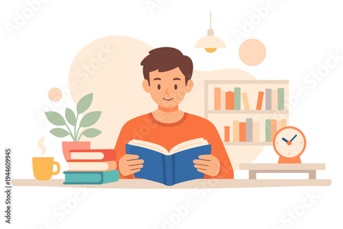A young man sits at a desk reading a blue book in a cozy room. The scene includes a bookshelf, a potted plant, a steaming cup, and a clock, creating a peaceful study atmosphere.