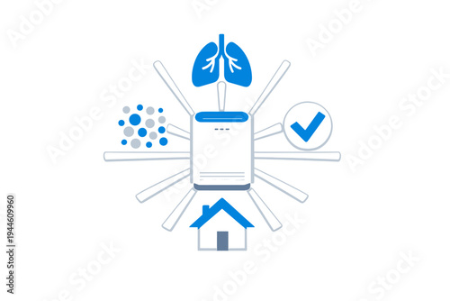 This graphic features a central air purifier unit with radiating lines connecting to icons of human lungs, a residential house, a checkmark, and airborne particles.