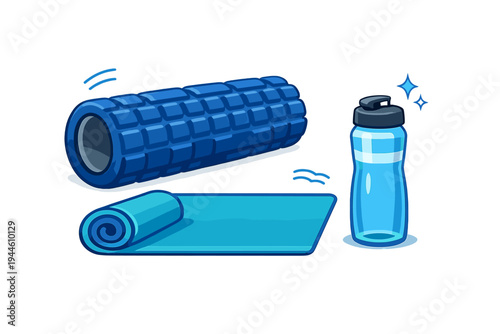 This illustration features blue fitness equipment including a textured foam roller, a yoga mat, and a water bottle, all presented in a clean cartoon style on a black backdrop.