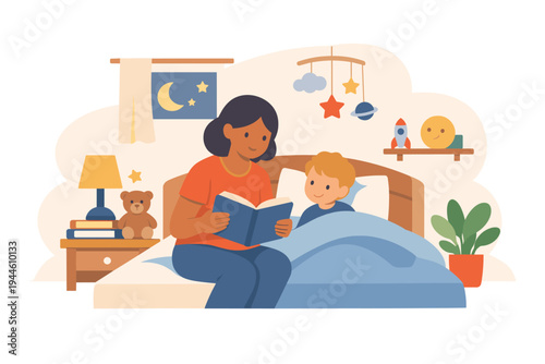 A woman reads a book to a child tucked into bed in a cozy room with a nightstand, lamp, and toys. This flat vector illustration depicts a peaceful evening storytelling moment.