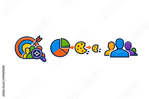 This vector illustration shows a business process involving target marketing, pie chart data analysis, digital cookies, and a group of diverse people on a black background.