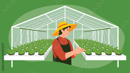 Female farmer working inside modern greenhouse with organic vegetable plants, sustainable agriculture and smart farming concept vector illustration