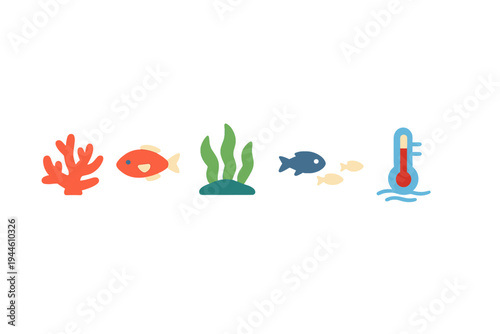 A row of colorful flat icons depicting marine life including coral, fish, seaweed, and a thermometer in water, set against a solid black background for a minimalist look.