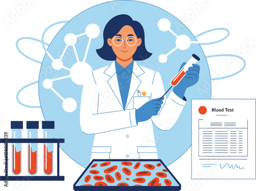 Female scientist analyzing blood samples in laboratory with test tubes and medical report, modern healthcare research and biotechnology illustration