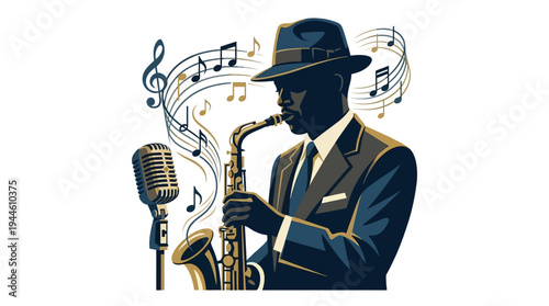 A stylishly dressed man in a fedora plays the saxophone with musical notes swirling around him, next to a vintage microphone.