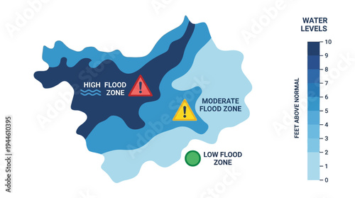Map illustrating different flood zones with corresponding water level indicators and warning symbols.