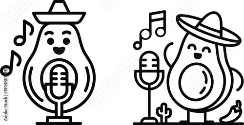 Cinco de Mayo Avocado Singing Mascot Line Art