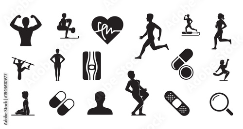 Fitness and health silhouette icons set with people exercising running bodybuilding and medical gear