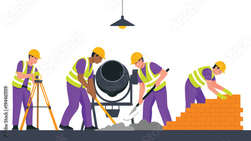 Construction workers building wall with cement mixer teamwork construction site labor engineering and building industry concept illustration