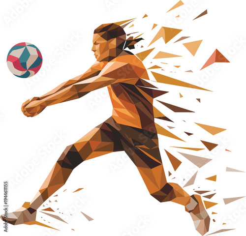 Flat vector polygonal illustration of volleyball player performing forearm pass with ball, dynamic geometric sports design, athletic competition training concept art