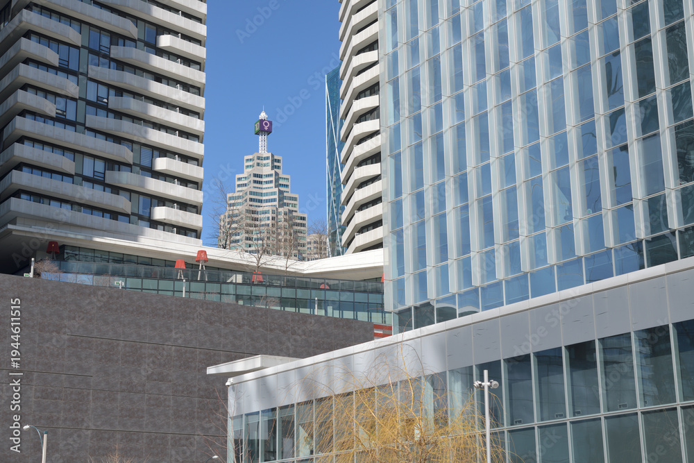Fototapeta premium looking northeast from Love Park (96 Queens Quay W) to TD Canada Trust Tower with beacon and residential skyscrapers, Toronto