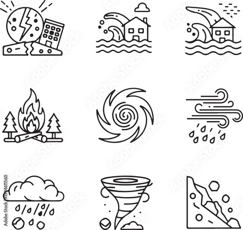 Weather and natural disaster silhouette icons set