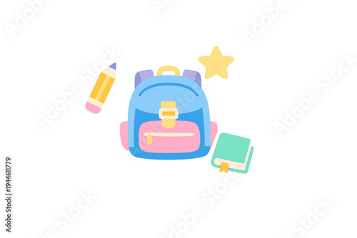 A colorful flat illustration featuring a blue and pink school backpack surrounded by a yellow pencil, a green book with a bookmark, and a bright yellow star on a black background.