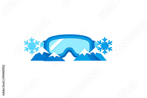 This graphic illustration shows a pair of blue ski goggles positioned behind stylized mountain peaks and snowflakes. The design uses a layered paper-cut effect on a black backdrop.