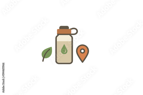 A flat illustration featuring a reusable water bottle with a green drop icon, a single green leaf, and an orange location pin icon, all set against a solid black background.