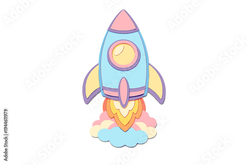 A stylized paper-cut rocket ship in pastel colors launches against a black background, featuring layered paper textures and colorful exhaust flames and smoke clouds.
