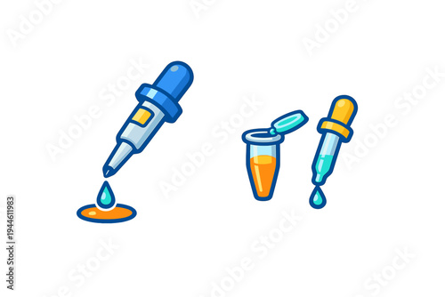 A cartoon illustration of laboratory equipment featuring blue pipettes and a test tube with orange liquid, showing drops of blue fluid being dispensed on a black background.