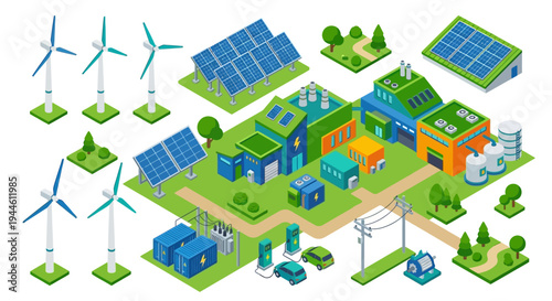 Isometric view of a sustainable city with renewable energy sources