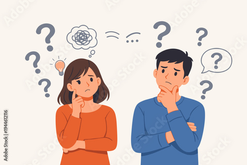 Confused Man and Woman Thinking with Question Marks and Lightbulb Idea, Flat Vector Illustration of a Couple Brainstorming, Problem Solving, Making Decisions, and Feeling Doubt or Uncertainty
