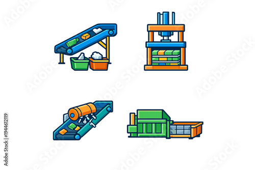 This set of four colorful vector icons depicts industrial recycling processes like waste sorting on conveyor belts and material compression using hydraulic baling machines.