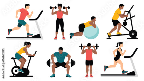 People doing gym workout exercises set fitness training collection with treadmill cycling weightlifting yoga and cardio activities illustration