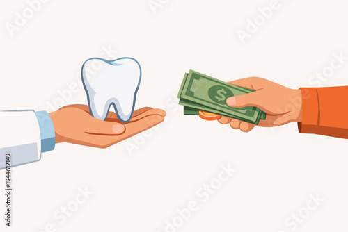 Vector Illustration of a Dentist Hand Holding a Large Healthy White Tooth while a Patient Hands Over Cash Money and Coins, Representing the High Cost of Dental Care, Insurance and Medical Expenses.